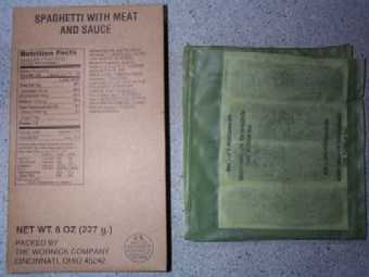 1999 MRE Menu #20 - Spaghetti w/Meat Sauce - main entree and flameless ration heater 1999 MRE Menu #20 - Spaghetti w/Meat Sauce - main entree and flameless ration heater