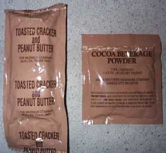 1999 MRE Menu #20 - Spaghetti w/Meat Sauce - toasted cracker and peanut butter and cocoa beverage powder 1999 MRE Menu #20 - Spaghetti w/Meat Sauce - toasted cracker and peanut butter and cocoa beverage powder