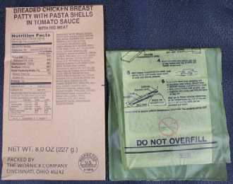 1999 MRE Menu #23 - Chicken w/Cavatelli Meal entree and flameless ration heater 1999 MRE Menu #23 - Chicken w/Cavatelli Meal entree and flameless ration heater